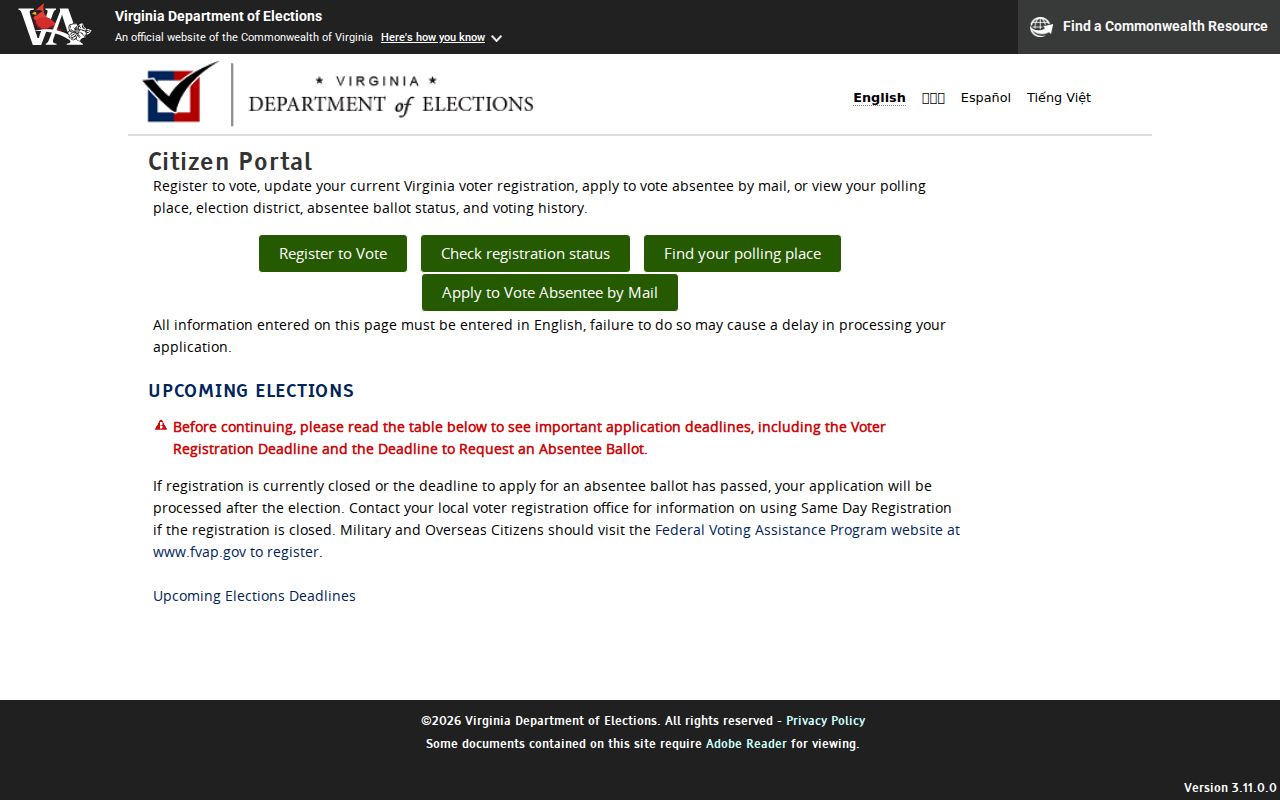Brambleton resident lookup Virginia Citizen Portal voter information screen
