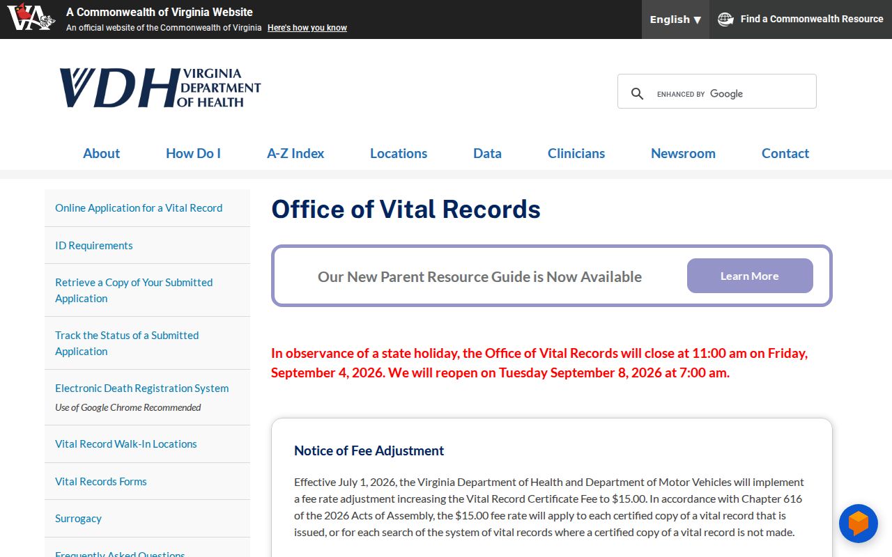 Brambleton resident lookup Virginia Department of Health vital records application page